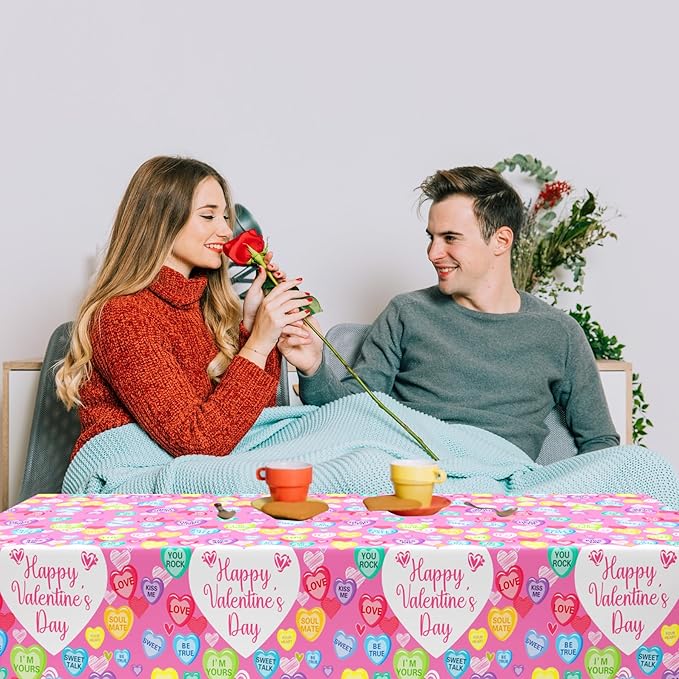 3Pcs Valentines Day Tablecloth, 54 x 108 Inch Conversation Hearts Plastic Table Cover, Pink Heart Tablecloth for Wedding Anniversary, Valentines Day Decorations
