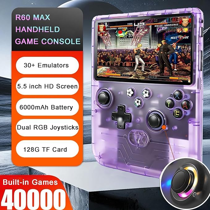 RegiisJoy R60 MAX 40000 in 1 Handheld Game Console, 5.5 Inch IPS Screen Retro Gaming Consoles Main Emulators, Portable Mini Pocket Arcade 6000mAh Battery,128G TF Card,RGB Joysticks