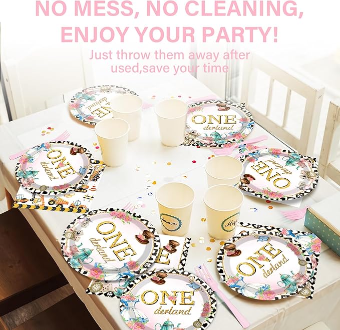 100Pcs Wonderland 1st Birthday Party Supplies - Onederland 1st Birthday Paper Plates, Napkins, Fork Set, Disposable Fairy Tableware Decorations for Girls Baby Shower Dinner Serves 25