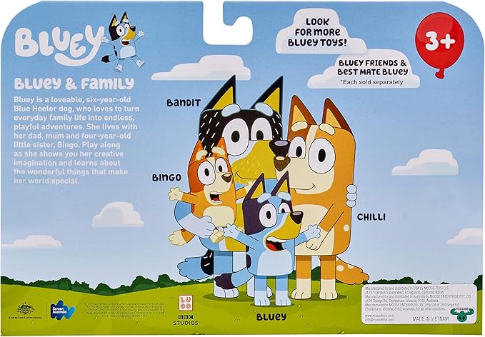Bluey Family Figure Pack of 4, Robust Poseable Character Toys with Bingo, Chilli, and Bandit Figures, Toddler-Sized Animal Figurines for Kids Ages 3+