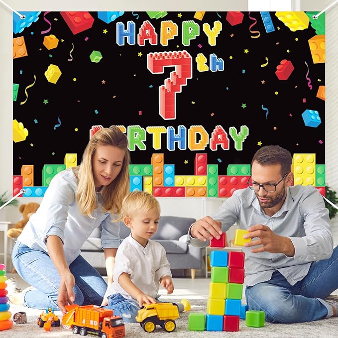 Panelee Building Block Birthday Banner Building Blocks Party Backdrop Decoration Happy Birthday Banner Photography Background for Party, 72.8 x 43.3 Inch(Black,7th)