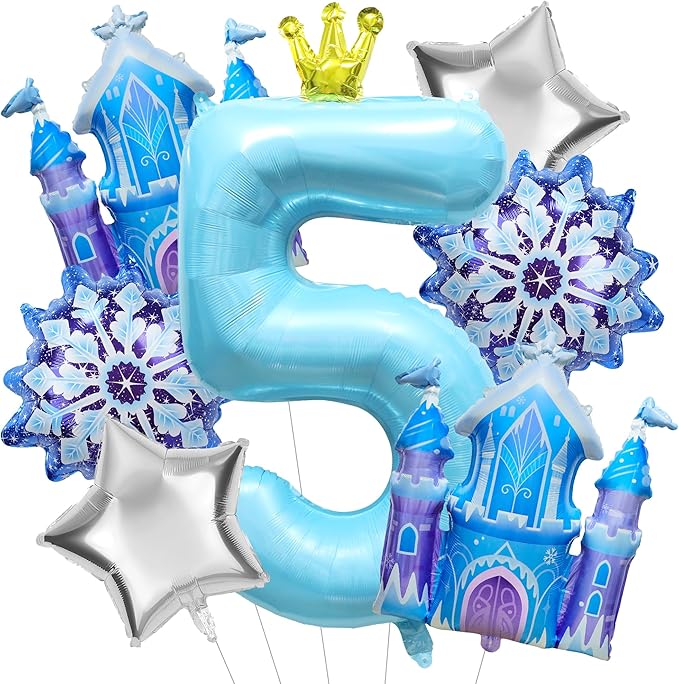 7Pcs 5th Birthday Party Decorations Balloons,Winter Snowflake Balloons Large Blue 40 Inch Number 5 Balloon Foil Star Castle Ballon for Birthday Party Favor Decor Supplies Winter Wonderland Decoration