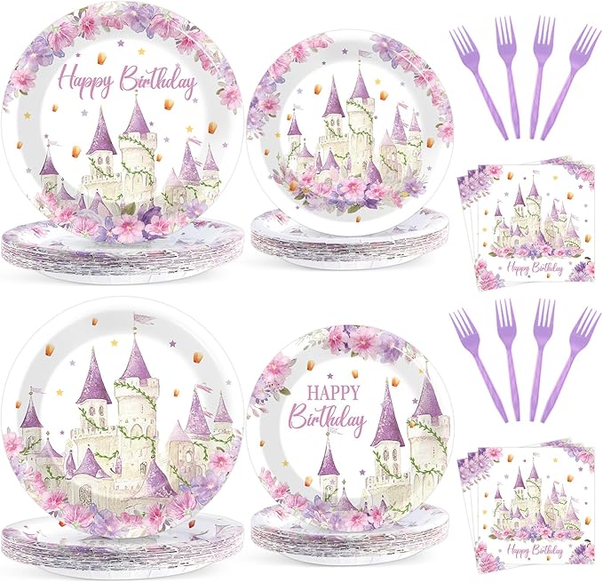96Pcs Princess Birthday Party Supplies Purple Tower Castle Party Plates and Napkins Disposable Purple Princess Themed Tableware Set Fairytale Party Tableware for Girls Women Wedding Serves 24 Guests