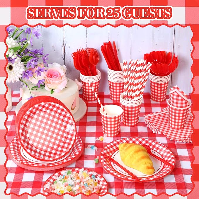205 Pcs Party Supplies for 25 Guest Checkered Plaid Tablecloth Pennant Banner Plate Cup Napkin Cutlery and Straw for Birthday Family Dinner Picnic BBQ Birthday Party Decoration(Red and White)