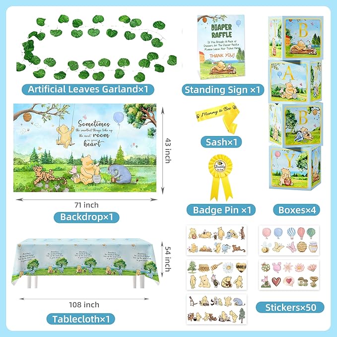 154 PCS Blue Winnie Baby Shower Decorations Kit Vintage Winnie Party Supplies Decorations, All-in-1-Balloon Garland Arch Backdrop, Tablecloth, Cake Topper, Banner, Box Decorations for Boy Baby Shower