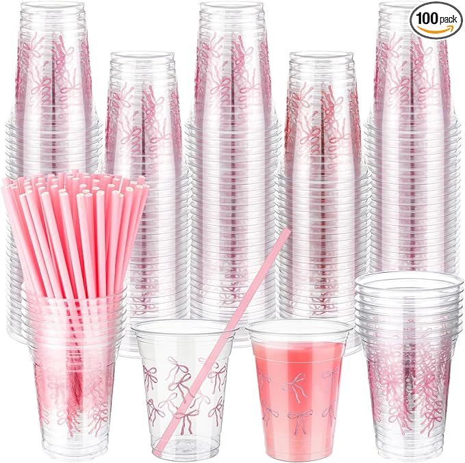 Qinyoung 100 Pcs 12 oz Pink Bow Plastic Cups with Paper Straws for Party Supplies Disposable Coffee Cups Pink Bowknot Drinking for Valentine Mother Baby Shower Birthday Wedding Bridal Party Decor