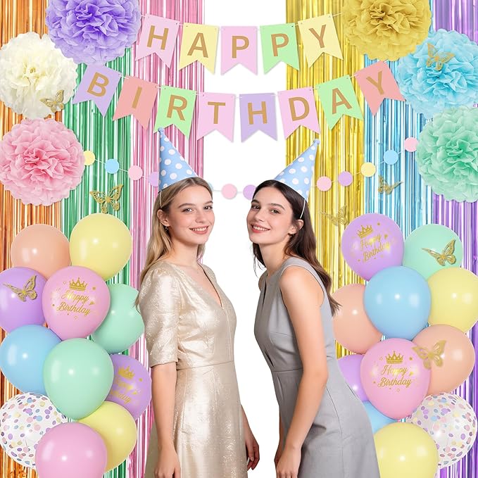 Pastel Birthday Decorations for Women Girls, Rainbow Colorful Printed Confetti Balloons Butterfly Stickers Fringe Curtain Happy Birthday Banner Circle Dots Garland Paper Pompoms Spring Party Supplies