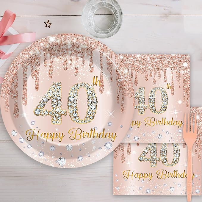 96PCS Rose Gold 40th Birthday Party Paper Plates and Napkins Forty Years Old Table Decorations 40th Birthday Disposable Dessert Tableware Set Serves 24 Guests Girl Ladies Women Party Supplies Favors