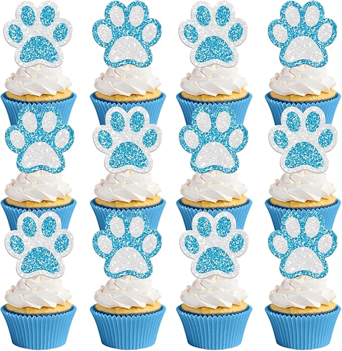36 Pcs Paw Cupcake Toppers Glitter Dog Paw Cake Decorations Blue White Glitter Puppy Cupcake Toppers for Baby Shower Boys Girls Birthday Party Cake Supplies (2 Styles)