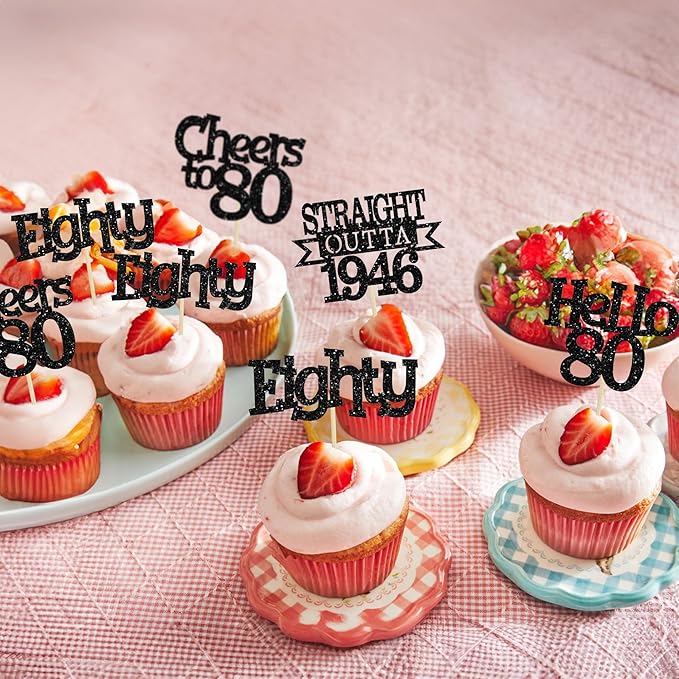 Ephlyn 24Pcs Happy 80th Birthday Cupcake Toppers Glitter Straight Outta 1946 Cupcake Picks Hello 80 Cheers to 80 Years Birthday Cake Decorations for 80th Birthday Anniversary Party Supplies Black