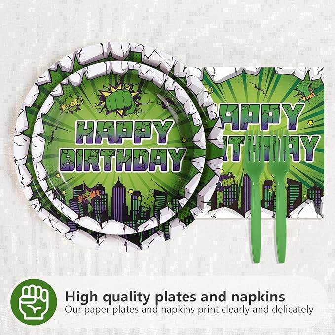 96Pcs Green Hero 4th Birthday Party Supplies Super Green Hero 4th Birthday Plates and Napkins Cityscape Super Bang Cartoon Movie Tableware Set for Kid 4 Year Old Party Supplies，Serves 24