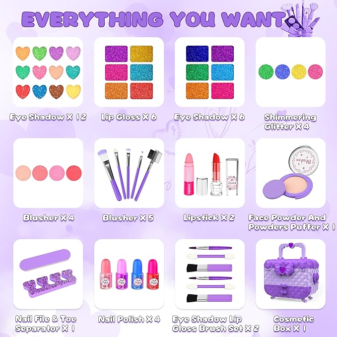 54 Pcs Kids Makeup Kit for Girls, Princess Real Washable Pretend Play Cosmetic Set Toys with Mirror, Birthday Gifts for 3 4 5 6 7 8 9 10 Years Old Girls Kids (Purple)