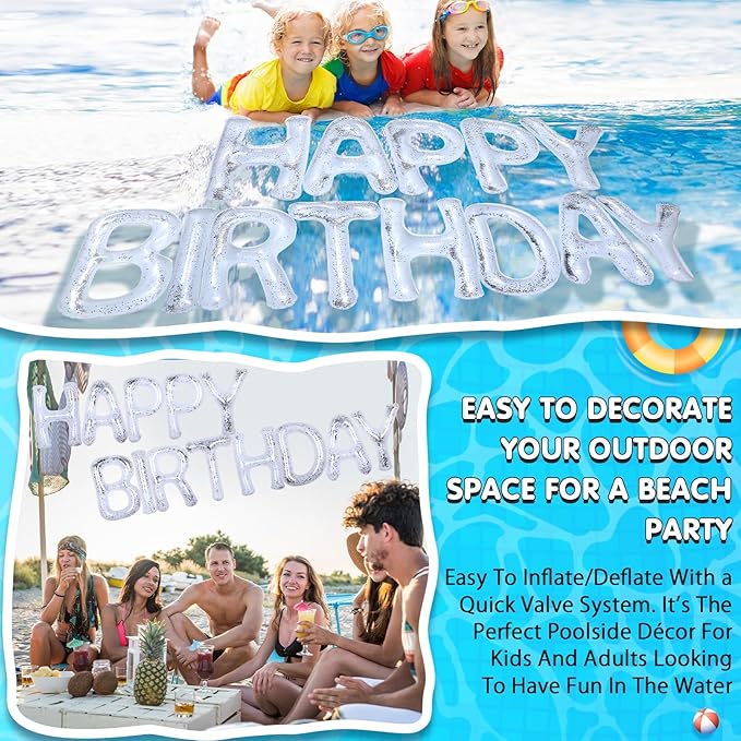 Shappy 20'' Happy Birthday Pool Large Floating Letter Balloons with Adhesive Dots Inflatable Pool Decorations for Summer Birthday Party
