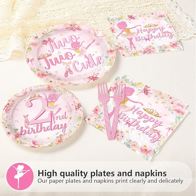 96Pcs Ballerina 2nd Birthday Party Supplies Pink Ballet Tutu Cute Birthday Plates and Napkins Tableware Set Ballerina Fairy Party Decorations for Girls Dancer Dancing Two Years Old Favors Serves 24 ﻿