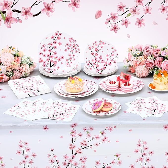 Zhehao 101 Pcs Cherry Blossom Party Tableware Set Cherry Blossom Party Supplies Includes 50 Pcs Paper Plates, 50 Pcs Napkins and 1 Tablecloth for Birthday Baby Bridal Shower Party Decorations