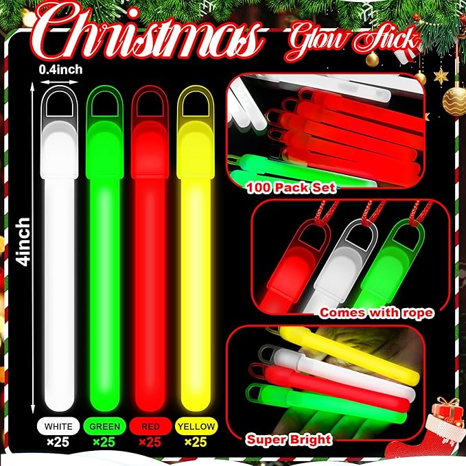Lewtemi 100 Pack 4" or 6" Bright Glow Sticks Bulk, Glow in the Dark Party Supplies Birthday and Holidays (4 Inch,Bright Color)