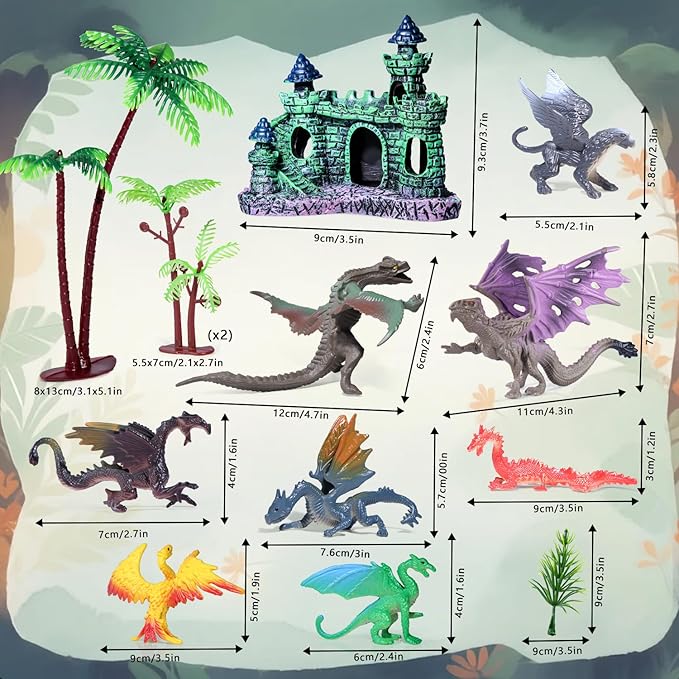 15Pcs Dragon Cake Decorations, Medieval Plastic Dragon Figures with Castle Tree Toys Playset for Kids Birthday Baby Shower Halloween Fantasy Theme Party Supplies