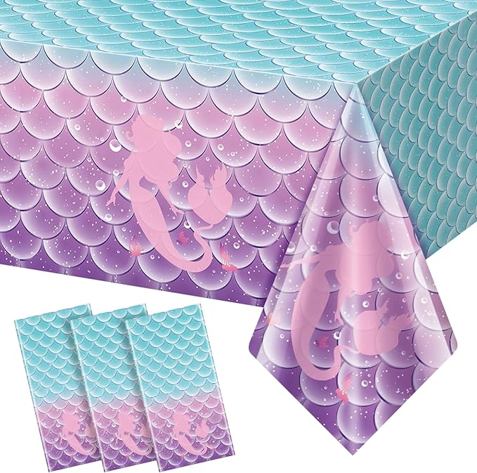 Jectivs 3Pcs Mermaid Birthday Party Tablecloth Decorations,Disposable Plastic Table Cover for Princess Under The Sea Baby Shower Themed Kids Birthday Party Supplies,108x54 Inch