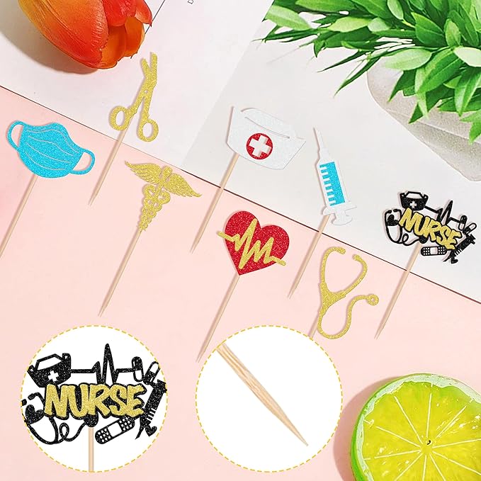 32 PCS Glitter Nurse Cupcake Toppers - Graduation Cake Decorations for Medical School Rn Nurse Grad Themed Birthday Party Supplies
