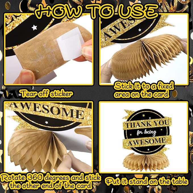 12 Pcs Thank You Decorations Honeycomb Centerpiece Employee Appreciation Decor We Appreciate You Table Decorations Thank Table Topper for Doctor Employee Party Supplies(Gold and Black)