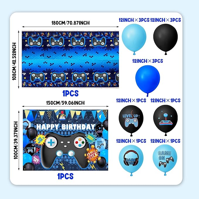 15 PCS Complete Video Game Party Decoration Set 1 Backdrop 1 Tablecloth 13 Latex Balloons and More Perfect for Gamer Party Supplies Boys and Girls Birthday Celebration