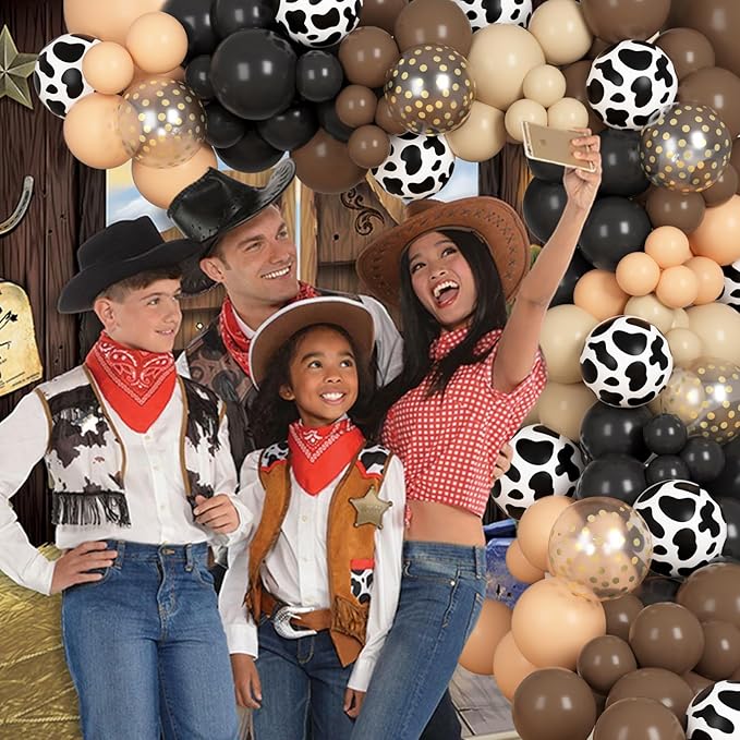 170Pcs Western Cowboy Balloon Garland Arch Kit, Black Brown Confetti Cow Print Balloons for Hourse Western Farmland Cowboy Cowgirl Animal Themed Baby Shower Birthday Party Decorations Supplies