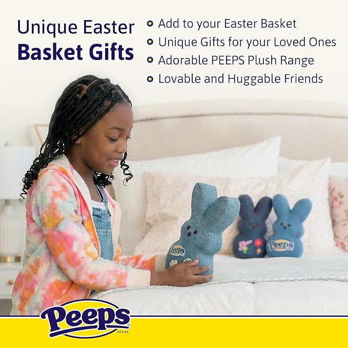 Animal Adventure | 9" Dark Blue Denim Shaggy Bunny Peeps Plush | Easter Basket Stuffed Animals for Kids | Marshmallow Candy | Huggable Soft Plushie Stuffers Buddy Toy | Collectable Gifts | Aged 3+