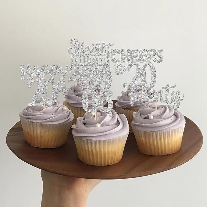 30PCS 20th Birthday Cupcake Toppers Glitter Twenty Happy 20th Straight Outta 2006 Cupcake Picks for Cheers to 20 Years Birthday Wedding Anniversary Party Cake Decorations Supplies Silver