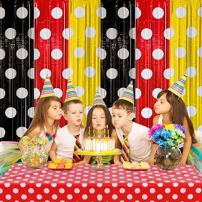 Red Black Yellow Foil Fringe Curtains Birthday Decorations, 2 Pack 3.2x6.6ft Mouse Color Tinsel Streamers Backdrop Baby Shower Cartoon Mouse Birthday Party Decorations Supplies