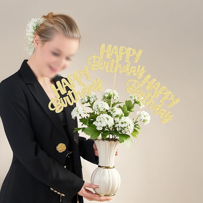 Gyufise 12Pcs Happy Birthday Centerpieces Sticks Double Sided Glitter Birthday Party Decorations Anniversary Table Flower Centerpiece for Celebrating Party Supplies Gold