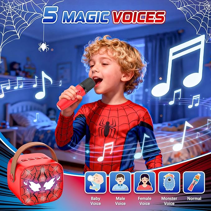 Spider Mini Karaoke Machine for Kids - TOP Karaoke Toys for 3 4 5 6 7 8 9 10 11 12+ Year Old Boys Girls, Portable Bluetooth Speaker with 2 Wireless Microphones, Kids Christmas Birthday Party Gifts