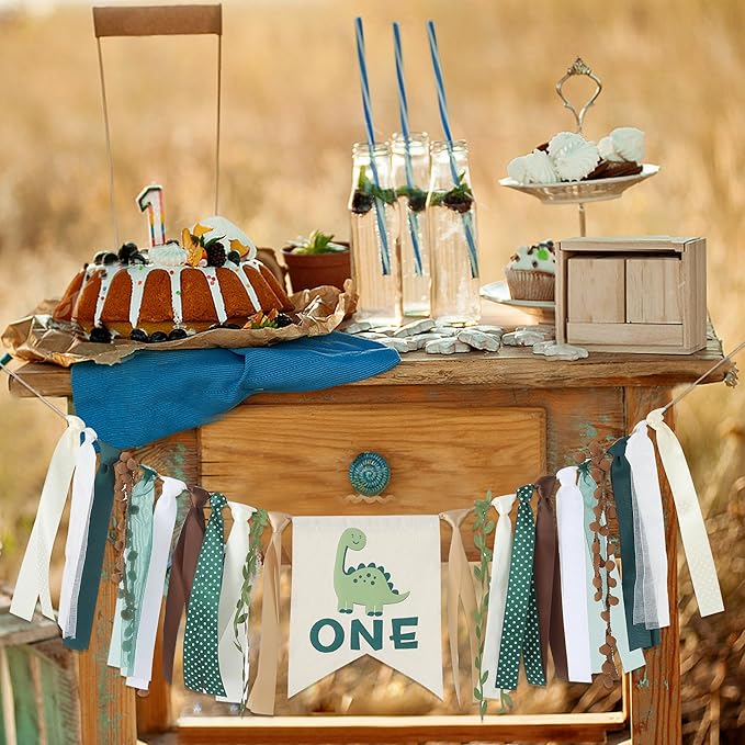 Dinosaur 1st Birthday High Chair Banner - Baby Boy First Highchair Banner for Party Supplies, Dinosaur Themed One High Chair Garland Birthday Party Decorations, Cake Smash Photo Props