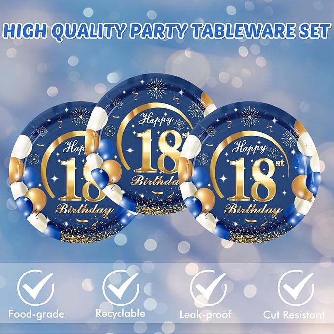 40Pcs 18th Birthday Decorations Kit for Boys Men, Navy Blue and Gold 18th Birthday Party Tableware Set Include Cheers to 18 Years Disposable Paper Plates Napkins for Time To Adult Party Supplies