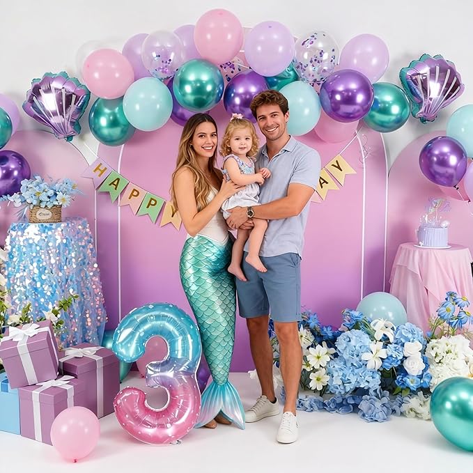 Mermaid 3rd Birthday Decorations for Girls,3rd Party Decorations Metallic Purple Green Pink Blue Latex Balloons Number 3 Seashell Foil Balloons Banner Cake Topper Sea Party Decor