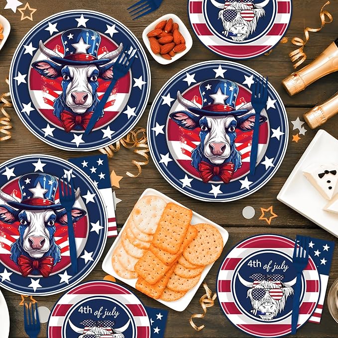 Highland Cow Patriotic Party Supplies - 96PCS Plates and Napkins Tableware Disposable Dinnerware Serve 24 Guests American Flag Patriotic 4th of July Memorial Veterans Day Party Decorations Supplies