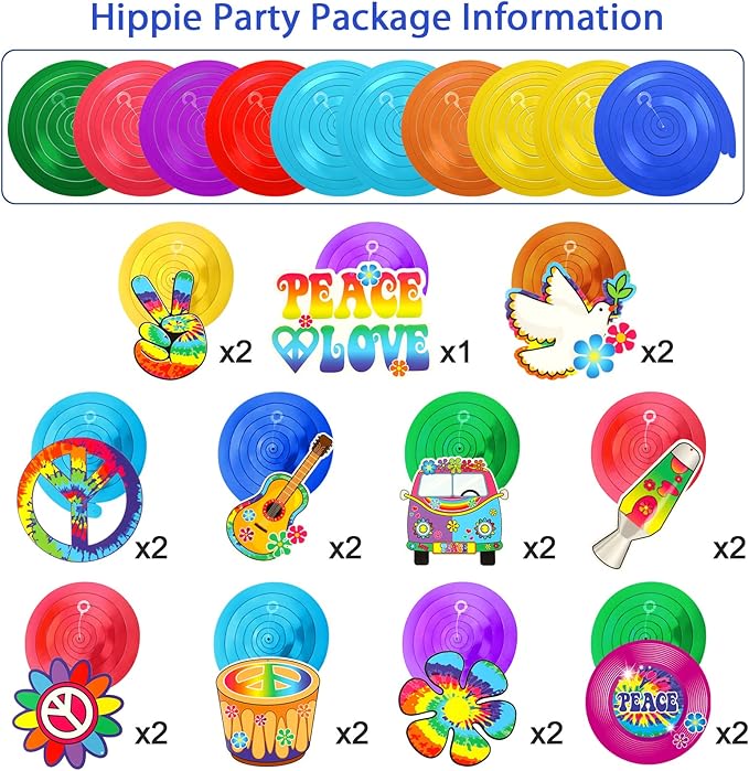 60s 70s Hippie Party Decorations Foil Swirl Decorations, 60s 70s Peace Out Sign Groovy Retro Party Retro Flower Cutouts Peace Sign Hanging Swirls Ceiling for Hippie Groovy Birthday, 30 Count(Novel)