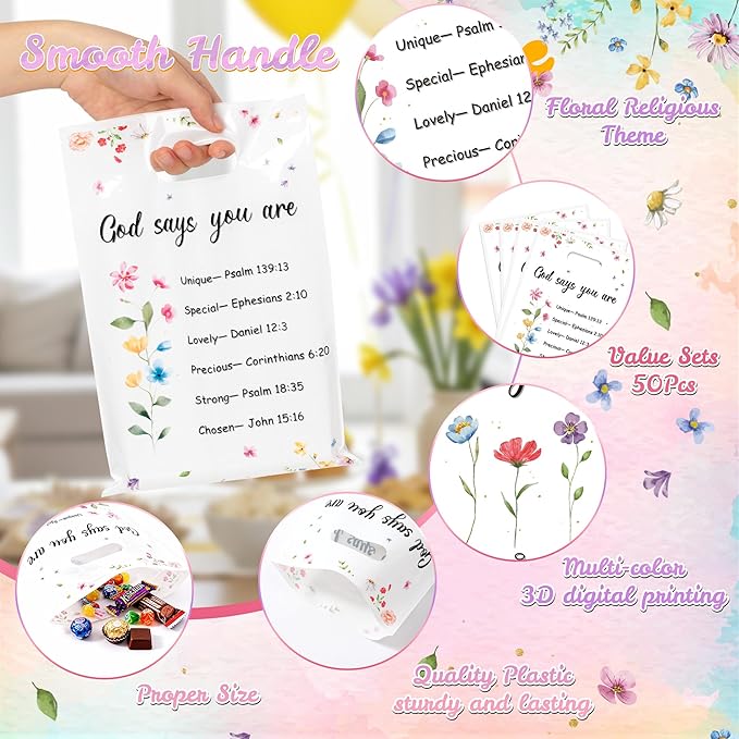 Christian Floral Party Favor Bag - 50Pcs Religious Inspirational Bible Verse Floral Goodie Treat Candy Plastic Gift Bags Christian Religious Faith Flower Party Decor for Baptism Church Spring Party