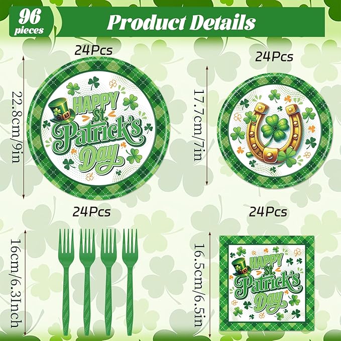 Rakuto St Patricks Day Plates and Napkins Decorations, 96PCS Lucky Green Shamrock Disposable Forks Party Decoration, Happy St Patrick's Day Tableware Decor for Irish Birthday Holiday Serve 24
