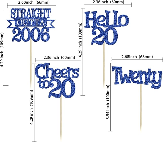 Ephlyn 24Pcs Happy 20th Birthday Cupcake Toppers Glitter Straight Outta 2006 Cupcake Picks Hello 20 Cheers to 20 Years Cake Decorations for 20th Birthday Anniversary Party Decorations Supplies Blue