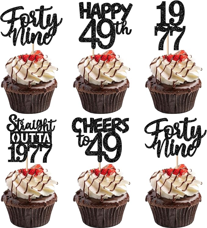 30PCS Black 49th Birthday Cupcake Toppers Glitter Forty Nine Happy 49th Straight Outta 1977 Cupcake Picks for Cheers to 49 Years Birthday Wedding Anniversary Party Cake Decorations Supplies