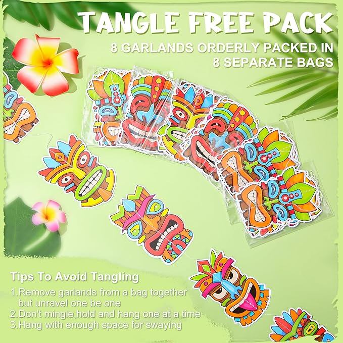 Pasimy 8 Pieces Hawaiian Party Decorations Hawaiian Tiki Hanging Banner Aloha Luau Garlands Banners for Summer Tropical Theme Birthday Party Supplies