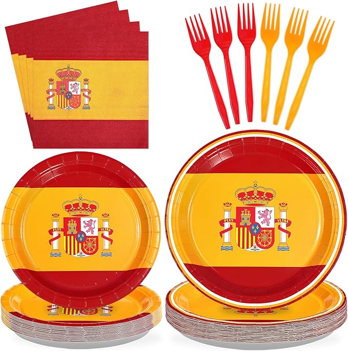 96 Pcs Spain Flag Party Decorations Disposable Spanish Flag Paper Plates and Napkins Spanish National Day Tableware Set for Country Decoration Patriotic Festival Party Supplies, Serves 24