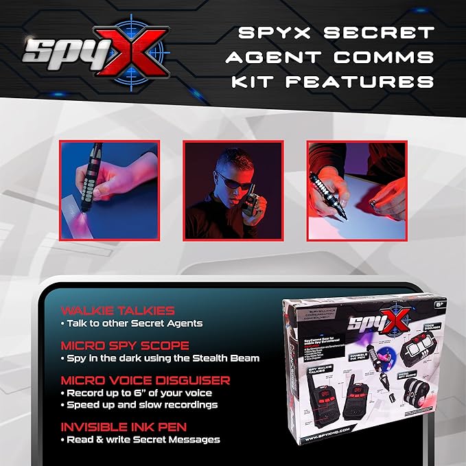 SpyX / Secret Agent Comms Kit - Includes Spy Toy Walkie-Talkie Pair / Micro Spy Scope / Invisible Ink Pen / Secret Voice Disguiser. 4 Communication & Surveillance Tools for Spy Kids