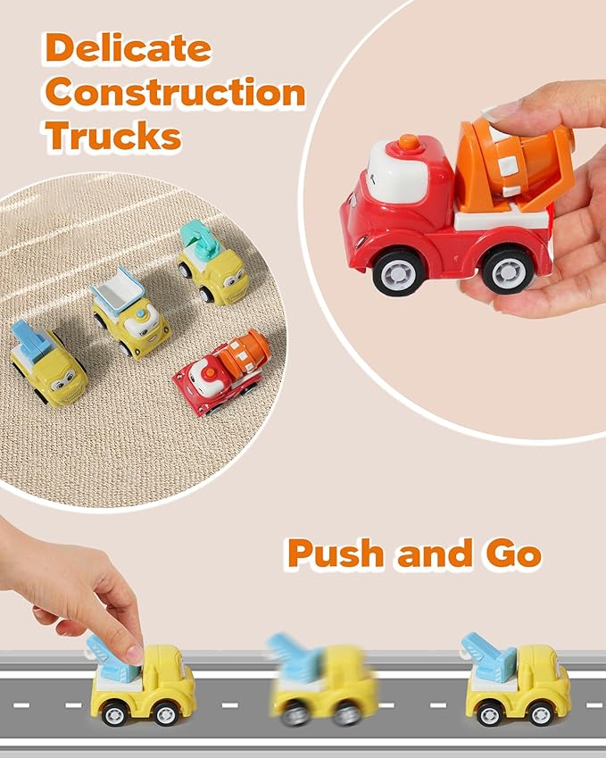 Construction Car Carrier Toys Set for 3 4 5 6 Years Old Toddlers Boys & Girls Gift, 4 Small Cartoon Cute Cars Trucks Crane Mixer Excavator Dump, Sound and Light Big Truck with Slide, 7.6*3.5*4.1 INCH