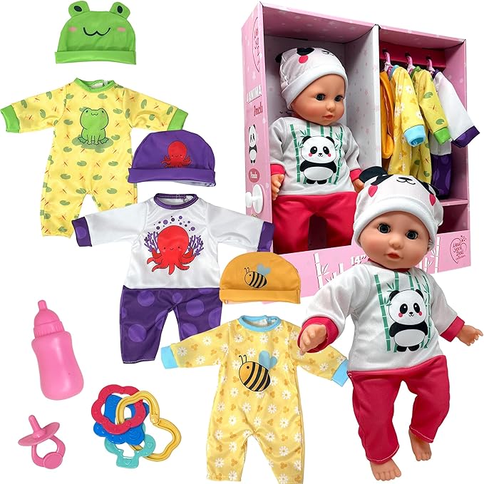 Soft Body Baby Doll with Accessories & 4 Sets of Animal Outfits, Realistic Baby Doll with Clothes & Toys, 14 Inch Doll Play Set Wardrobe Closet, Baby Dolls for Girls, Kids Gift for 3 4 5 Year Old