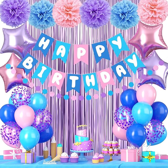 Purple Pink Blue Birthday Decorations,Girls Boys Party Decorations with Blue Pink Confetti Birthday Balloons Happy Birthday Banner Purple Fringe Curtain Tissue Paper Pompoms Star Garland