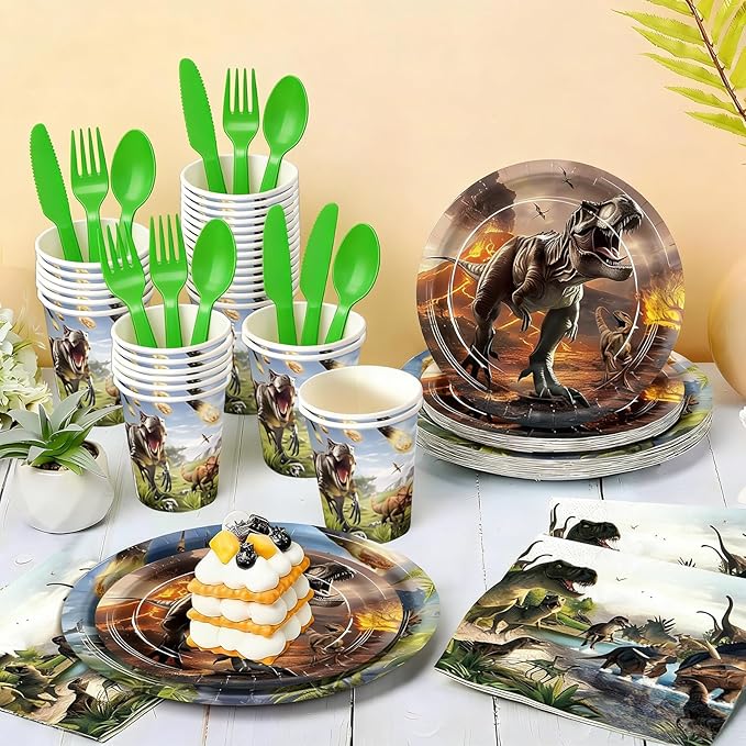 168pcs Dinosaur Party Supplies Dino Plates Napkins Disposable Tableware Set Paper Cups Green Forks Dinosaur Birthday Party Decorations for Boys Kids Birthday Decor Severs 24