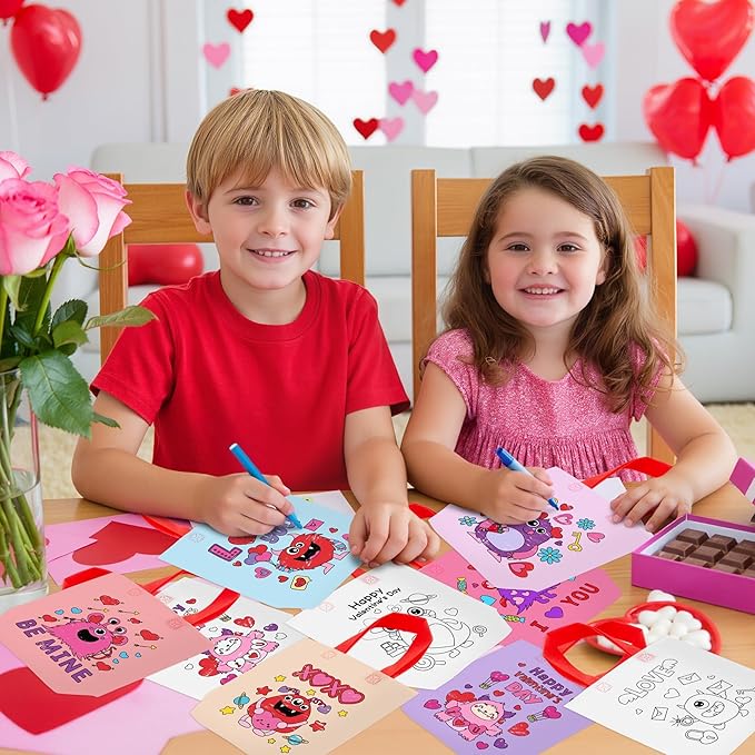 Valentine's Day Coloring Goodie Bag for Kids - 24Pcs Cute Monster Bulk Color Your Own Gift Bag with Handle Happy Valentine's Day Reusable Coloring Non Woven Tote Bag for DIY Painting Craft Party Favor