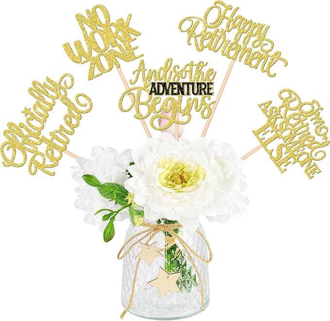15 PCS Happy Retirement Centerpiece Sticks Officially Retired Table Flower Centerpieces Sticks No Work Zone Adventure Begins Floral Decorations for Retirement Birthday Party Centerpieces Gold