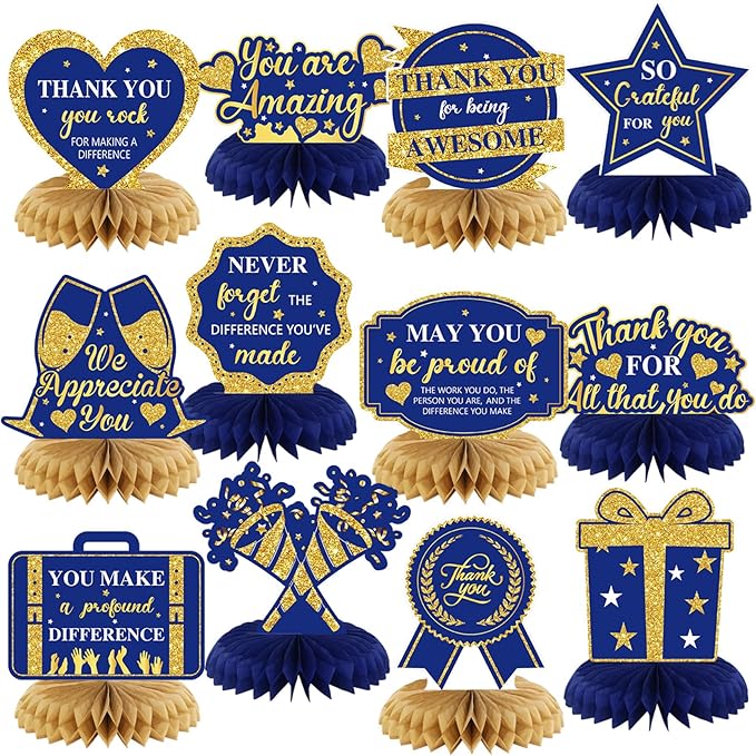 12 Pcs Thank You Decorations Honeycomb Centerpiece Employee Appreciation Decor We Appreciate You Table Decorations Thank Table Topper for Doctor Employee Party Supplies(Gold and Blue)